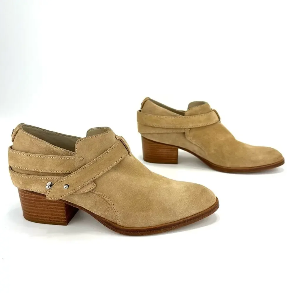 Rag & Bone Harley Women Tan Moto Bootie Size 7 Italian Suede Belted Block Heel